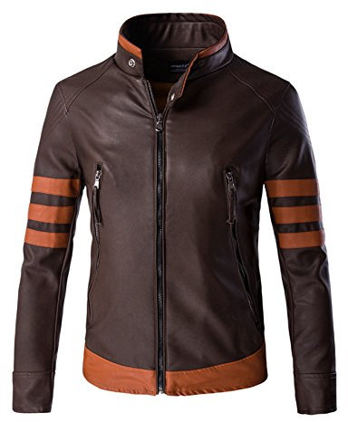Letuwj Homme Veste Faux Cuir Manteaux Bande Blouson Brun Small