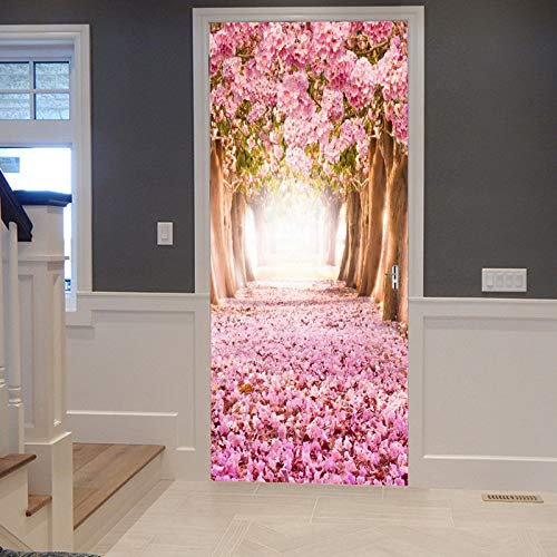 A.Monamour Türtapete Selbstklebend Türfolie Türposter 3D Frühling Rosa Kirschblüten Bäume Blühen Tiefe Lange Weg Straße Vinyl Folie Türdeko Tapete Wandbild Türaufkleber Türtattoo 90 x 200 cm
