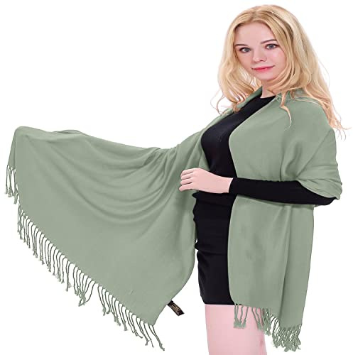 CJ Apparel Light Green Solid Colour Tassels Design Shawl Scarf Wrap Stole Throw Head Wrap Pashmina Hand Made in Nepal