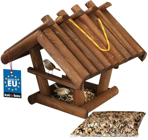 KOTARBAU® Mangeoire Oiseaux à Suspendre - Bois - 27x28x26 cm - Naturel - Mangeoire Oiseaux Extérieur - avec Ourriture Oiseau 0,5 kg - Marron