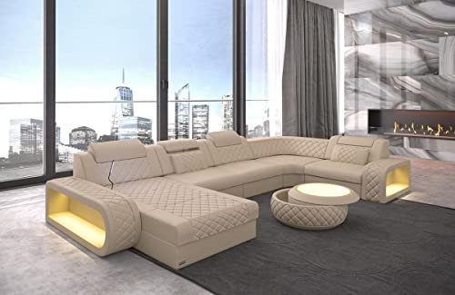 Wohnlandschaft Berlin U Form Leder mit Kopfstützen Sofa mit LED Beleuchtung Moderne Couch (Ottomane Links, Beige)