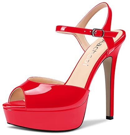Aachcol Donna Piattaforma Sandali Cinturino alla Caviglia Aperte sulla Punta Spillo Alto High Tacco Heel Slingback Dress Scarpe 13 CM Rosso Verniciata 42 EU