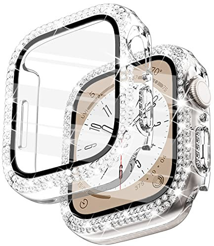 WINGLE Compatible for Apple Watch Screen Protector 45mm Series 9 Series 8 Series 7,Women Shiny Diamond Cover with Tempered Glass Screen Protector for iWatch Case 45mm Series 9 Series 8 Series 7,Clear