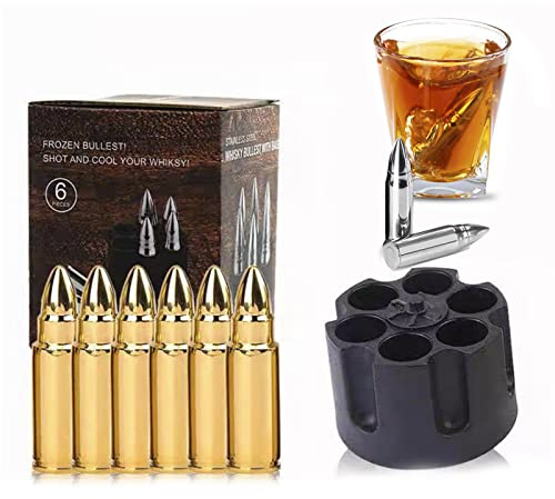 6 Stück Edelstahl Eiswürfel,Edelstahl Whisky Steine Bullets mit Basis,Wiederverwendbare Eiswürfel als Alternative zur klassischen Eiswürfel,Whiskey Steine aus Metall,Whiskey Zubehör Geschenk (Gold)