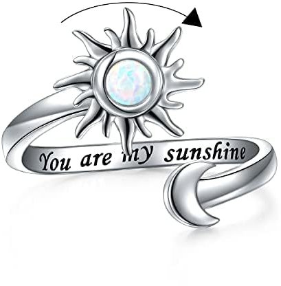 Angst Ring für Damen S925 Sterling Silber Erstellter Opal Sonne und Mond Fidget Spinner Ring Verstellbar Offene Endgravur You are my Sunshine Spinner Geschenk für Sie (54 (17.3))