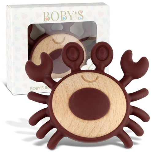 BOBY´S Beißring für Babys aus Holz & Silikon Krabbe Ruby/Wine/Kauspielzeug, Zahnungshilfe & Greifring in einem / 100% BPA-freies Beißspielzeug/nachhaltiger Holz Beißring