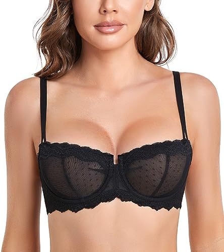 DotVol Women's Unlined Sheer Underwire Multiway Everyday Bra(Black,34D)