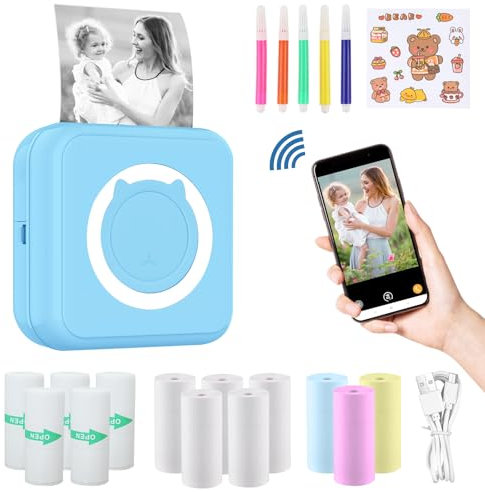 ZAKVOP mini drucker für Smartphone, mini Tragbare Fotodrucker, mini Pocket Printer, Bluetooth thermodrucker für iOS und Android, Aufkleber drucker für Journal, Notizen, Liste, Memo - Blau