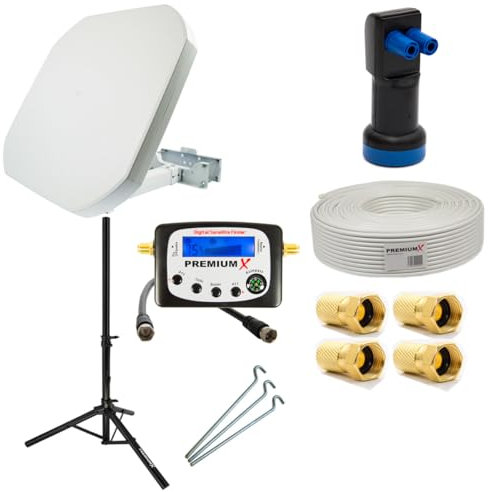 Premium X SAT Anlage Flat43 Flachantenne Twin LNB Dreibein-Stativ Tripod 10m Kabel F-Stecker Satelliten-Finder - TV bis 2 Teilnehmer