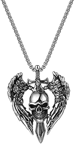 Flongo Herren Kette Totenkopf Anhänger Silber Edelstahl Halskette mit Schädel Skull Engelsflügel Gotik Punk Ketten Skelett Halloween Deko Geschenk für Männer
