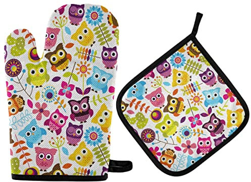 Ofenhandschuhe Topflappen Set Niedliche Bunte Eule Und Farbige Blume Kochhandschuhe Druck Topfhandschuhe Topfpads, Für Mikrowelle, Grillen, Backen