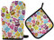 Ofenhandschuhe Topflappen Set Niedliche Bunte Eule Und Farbige Blume Kochhandschuhe Druck Topfhandschuhe Topfpads, Für Mikrowelle, Grillen, Backen