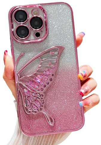 QoKcoahn Butterfly Phone Case for iPhone 11 Pro Max,Cute Butterfly Colorful Star Sequin Liquid Quicksand Phone Case Luxury Glitter Bling 6D Electroplated Soft TPU Protector Pink