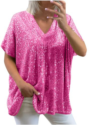 Trendige Pailletten Oberteile für Damen Oversize Lockerer Pullover Sexy V-Ausschnitt T-Shirt Einfarbiges Pulli-Shirt mit kurzen Ärmeln Lose Tunika Bluse Longshirt Lang Pullover Übergröße Longtops