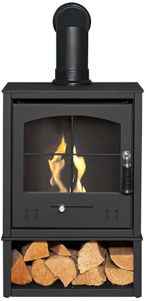 OKO S2 Bio Ethanol Stove with Log Storage in Charcoal Grey with Angled Stove Pipe