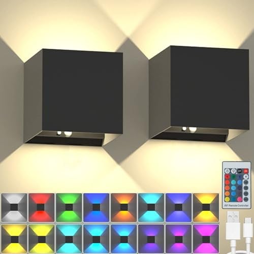 2 Stück LED Akku Wandleuchte Innen Dimmbar Kabellose Wandlampe mit Fernbedienung 5000mAh 6W-RGB Farbwechsel USB Wiederaufladbare Wandlampe Ohne Stromanschluss Geeignet für Schlafzimmer Wohnzimmer