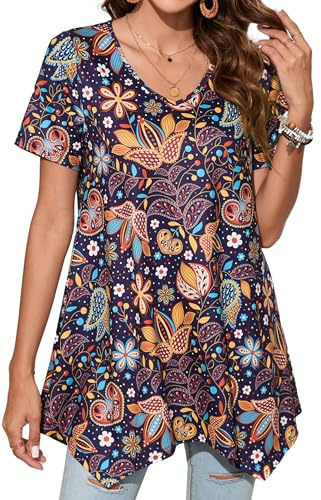 Enmain Camiseta Mujer Manga Corta Top Túnica Blusa Larga on Cuello en V Talla Grande Tops de Colores Sólidos/Estampadas T Shirt para Mujeres S-3XL