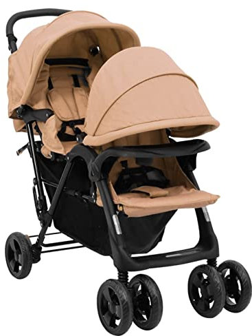 Kavolet Geschwisterwagen, Zwillings Kinderwagen aus Stahl und Oxfordgewebe mit Regenschutzhaube, Faltbaren Reise-Kinderwagen, für Babys und Kleinkinder Taupe und Schwarz 122,5x53,5x111cm