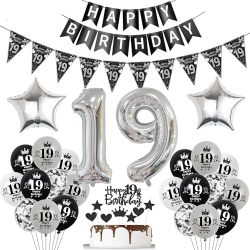 Luftballon 19. Geburtstag Dekoration Schwarz Tortendeko 19. Geburtstag Mädchen Junge Geburtstagsdeko 19 Jahre Junge Mädchen Schwarz Folienballon 19 Ballon 19