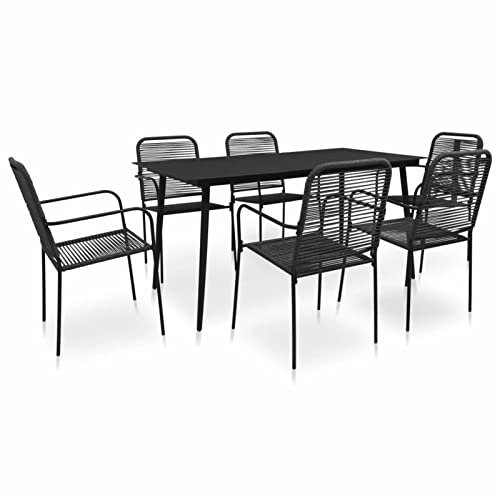 Rantry 7-teiliges Outdoor-Esstisch-Set aus Baumwollseil und Stahl, schwarz, Gartenmöbel-Set, Garten-Esstisch, Stühle, Gartenmöbel, Terrasse, Terrasse, Hinterhof, Möbel-Set