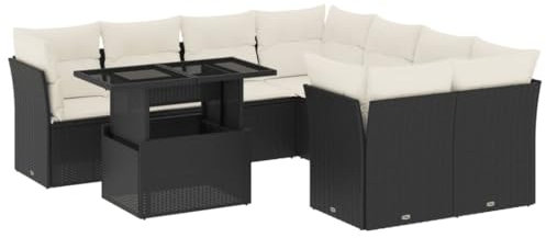 vidaXL Garten Sofa Garnitur 9-TLG., Gartenmöbel Set mit Kissen Modular, Lounge Sitzgruppe für Garten Terrasse, Gartentisch Verstellbare Tischplatte, Schwarz Poly Rattan