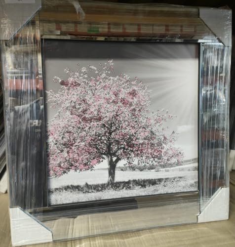 Biznest Blossom Tree Picture in Mirrored Frame Glitter 3D Wall Art Picture Glitter Liquid Art Home Decor 55x55Cm (Pink Silver)