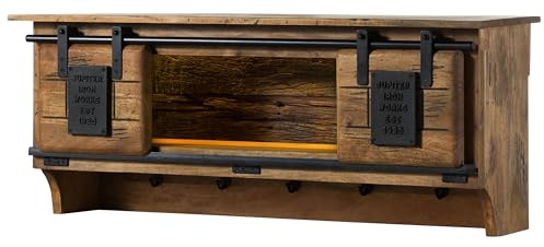 MASSIVMOEBEL24.DE | Railway Lux Wandregal aus Massivholz mit Beleuchtung #150 Mangoholz/Altholz - Natur lackiert 115x30x45 cm 1 Fach, 2 Türen Garderobe mit Kleiderhaken