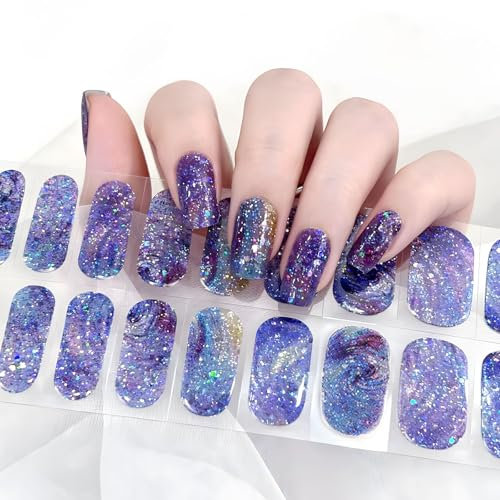 22 pcs Purple Semi Cured Gel Nail Strips Glitter Nail Gel Polish Wraps Self-Adhesive Nail Full Wraps Nail Strips Nail Tips Nail Wraps Sticker Decals