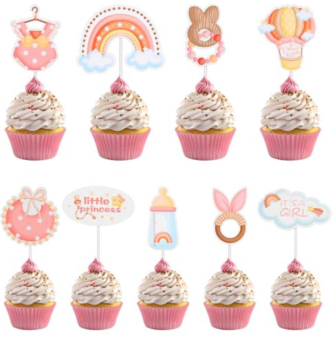 Yuanchu 36 unidades decoración para tartas para baby shower, bautizos y niñas, decoración para cupcakes, decoración de tartas de género reveal para fiestas de género (niñas)