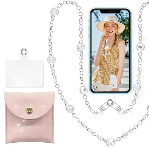 Moguri 1 chaîne de téléphone portable avec perles argentées avec support de téléphone portable transparent, cordon tour de cou pour tous les smartphones, avec pochette à bijoux pour femmes et filles
