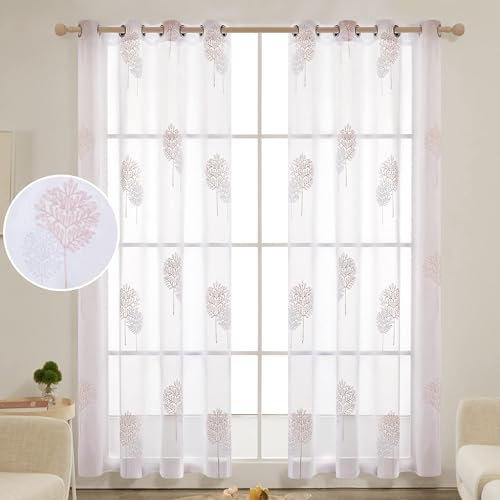 Deconovo Tende per Interni Moderne 2 Pezzi Salotto Elegante, Tende Trasparenti Finestre Camera da Letto in Voile Ricamate con Occhielli, Bianco + Rosa, 140x240 CM