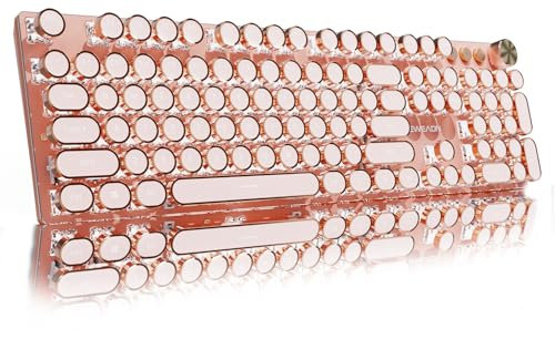 EWEADN - Teclado inalámbrico V20 para máquina de escribir, 104 teclas, estilo máquina de escribir mecánica con retroiluminación blanca, perilla multimedia, interruptor rosa 2.4G/Bluetooth/USB-C con