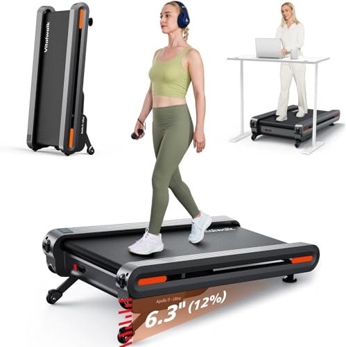 Vitalwalk Walking Pad Treadmill with Auto Incline 6 Levels 12% - 18x43 Wide Full Deck Under Desk Treadmill for Home Office, Upright Stand Space-Saving, 350lbs Capacity Heavy Duty, APP & Double Frame