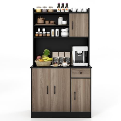 COSTWAY 180CM Küchenschrank mit Arbeitsplatte, Buffetschrank mit 4 verstellbaren Regalen & Kabelöffnungen, Hochschrank Küche, Aufbewahrungsschrank für Küche Esszimmer Wohnzimmer (Schwarz)