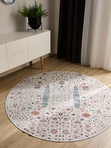 benuta Basic Waschbarer Teppich George - Multicolor 120 cm Rund - Kunstfaser - Rund & im Style: Vintage, Elegant, Retro - Pflegeleicht für Wohnzimmer Schlafzimmer