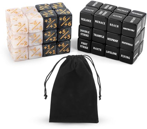 48pz Counter Dadi, Set di Dadi in Acrilico con Sacchetto di Velluto Abilità Parole Chiave Dadi Contatori per MTG TCG Accessori per Giochi di Carte per Feste Giochi