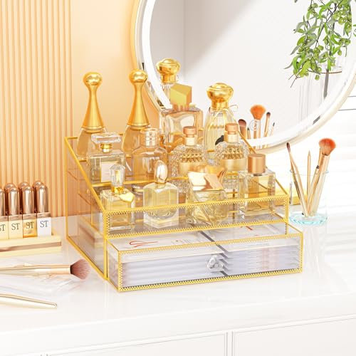 ONKO Glas Parfüm Organizer,Transparente Parfümständer für Kosmetik, Hautpflege, Schmuck, Lippenstift,Nagellack,mit Schublade(Gold)