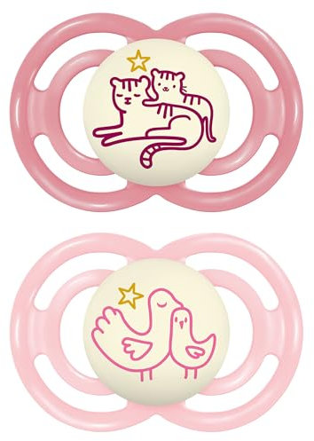 MAM Perfect Night Confezione Doppia Succhietto 16+ Mesi (Set da 2), Ciuccio MAM 16 36 mesi silicone che si illumina al buio, Kit da 2 accessori neonato per lo sviluppo orale con porta ciuccio, Rosa