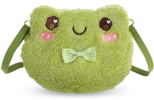 Ptwola Grüne Frosch-Umhängetasche Süßer Plüsch-Geldbörsen-Rucksack Kuscheltier Reißverschluss Cartoon Schultergeldbörse mit Abnehmbarem Schultergurt für Kinder Erwachsene Mädchen Frauen Tasche