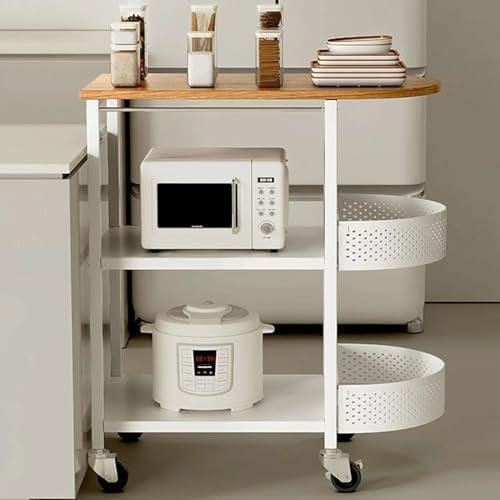 Awoyep Rollwagen Küche Küchenwagen mit Rollen Servierwagen: Küchenrollwagen mit Korb Lagerregal Küchenregal Mikrowellenhalter Küchenregal Organizer mit Arbeitsplatte Bücherregal (Weiß, 3 Ebenen-60cm)