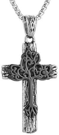 HZMAN Collana con croce retrò da uomo, in acciaio inossidabile, con ciondolo a forma di albero della vita, amuleto spirituale, idea regalo