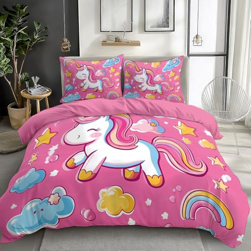Generisch Rosa Bettwäsche 155x220 cm Cartoon-Einhorn-Wolken 3teilig Bettwäsche-Sets Kinder Mikrofaser Baumwolle, Soft Jungen Mädchen Bettwaren Bettbezug mit 2 Kissenbezug 80x80 cm