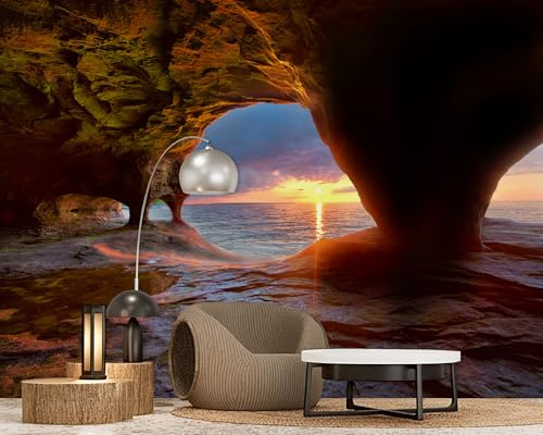 PaxGloz Fototapete Höhle Am Meer Tapete Sonnenuntergang Felswand Tapeten Vliestapete Modern Wandtapete Wohnzimmer Schlafzimmer Kinderzimmer Wanddeko Motivtapeten 416 x 254 cm (B x H)