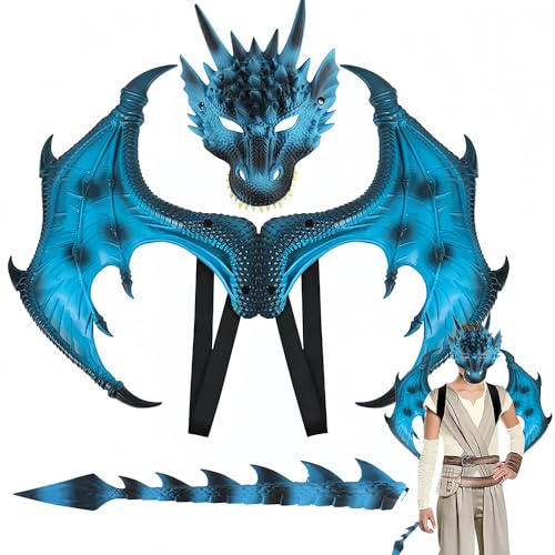 PASLFC Costume de Dragon 3 Pièces, Costume de Dragon pour Adulte, Costume d'Ailes de Dragon, Masque de Dragon, Ensemble d'Ailes de Dragon pour Halloween, Ensemble de Cosplay Dinosaure pour Carnaval et