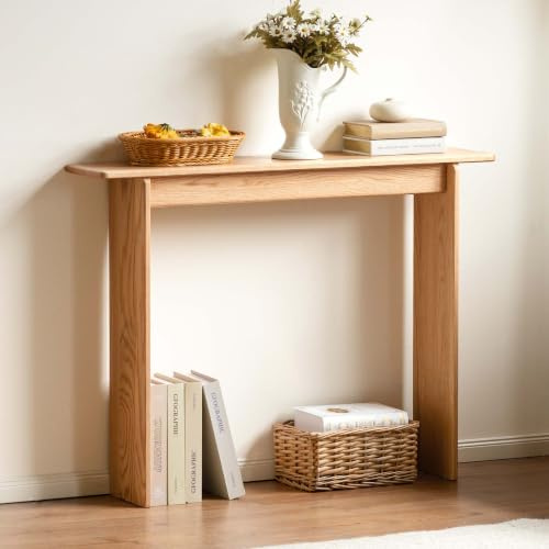 Slim Solid Oak Console Table for Entryway, Narrow Hallway Table,100x20x75cm | Modern Wall-Fit Console Table for Small Spaces, FAS North American Oak, Living Room Sofa Table, Natural Oak