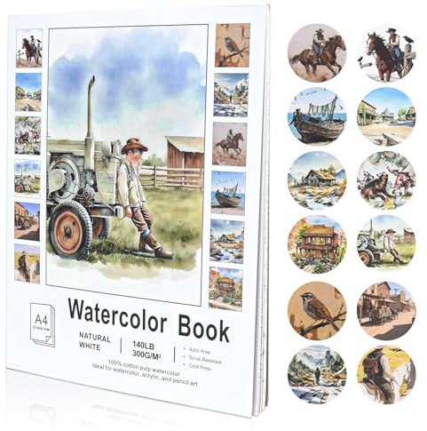 RGBMIX 12 Sheets 9x12'' Wild West Watercolor Paper Book Pad Cotton 140lb/300gsm Pre-Printed Line Art of Horse, Cowboy, Wagon, Cactus, Cabin, Tractor & Camel Train for Watercolor, Acrylic, Pencil