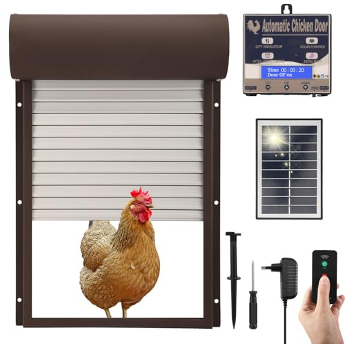 Automatische Hühnerklappe Solar, Elektrische Hühnerklappe mit Wasserdicht Großes Display, Anti-Klemm-Schutz, Lichtsensor, Hühnerstallluke Timer und Fernbedienung für Geflügelzaun