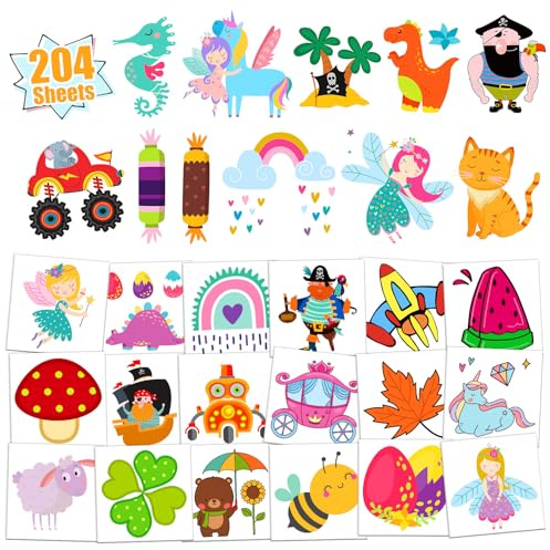 TatoYard Temporary Tattoos for Kids, 204 Individual Patterns Unicorns, Dinosaur, Mermaid, Pirate, Butterfly Tattoo Stickers, Party Bag Fillers for Girls Boys Birthday Decorations Favours