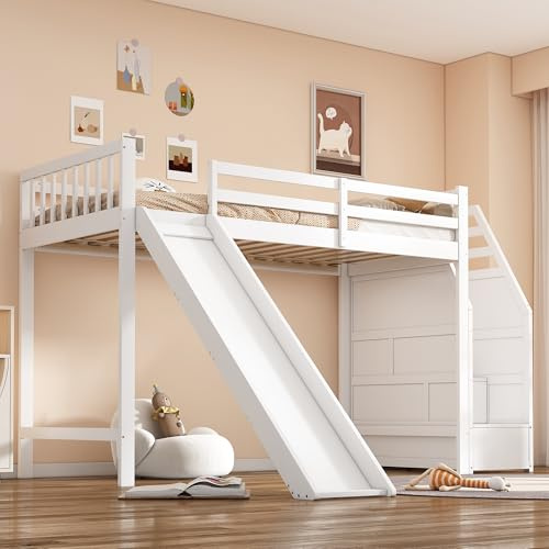 Kelodan 90 * 200cm, Hochbett, Kinderbett, mit Rutsche, Ablageleiter, EN747 Zertifiziert, Ohne Matratze, weiß