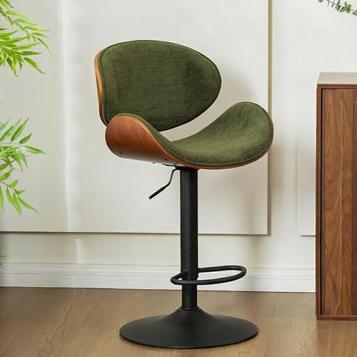 YOUTASTE Barhocker aus Gebogenem Holz 1er Set, Moderner, Chenille Grün | Höhenverstellbar, 360°Drehbarer mit Holzlehne und Fußstütze, Retro Barstuhl für bar, Küche, 150kg